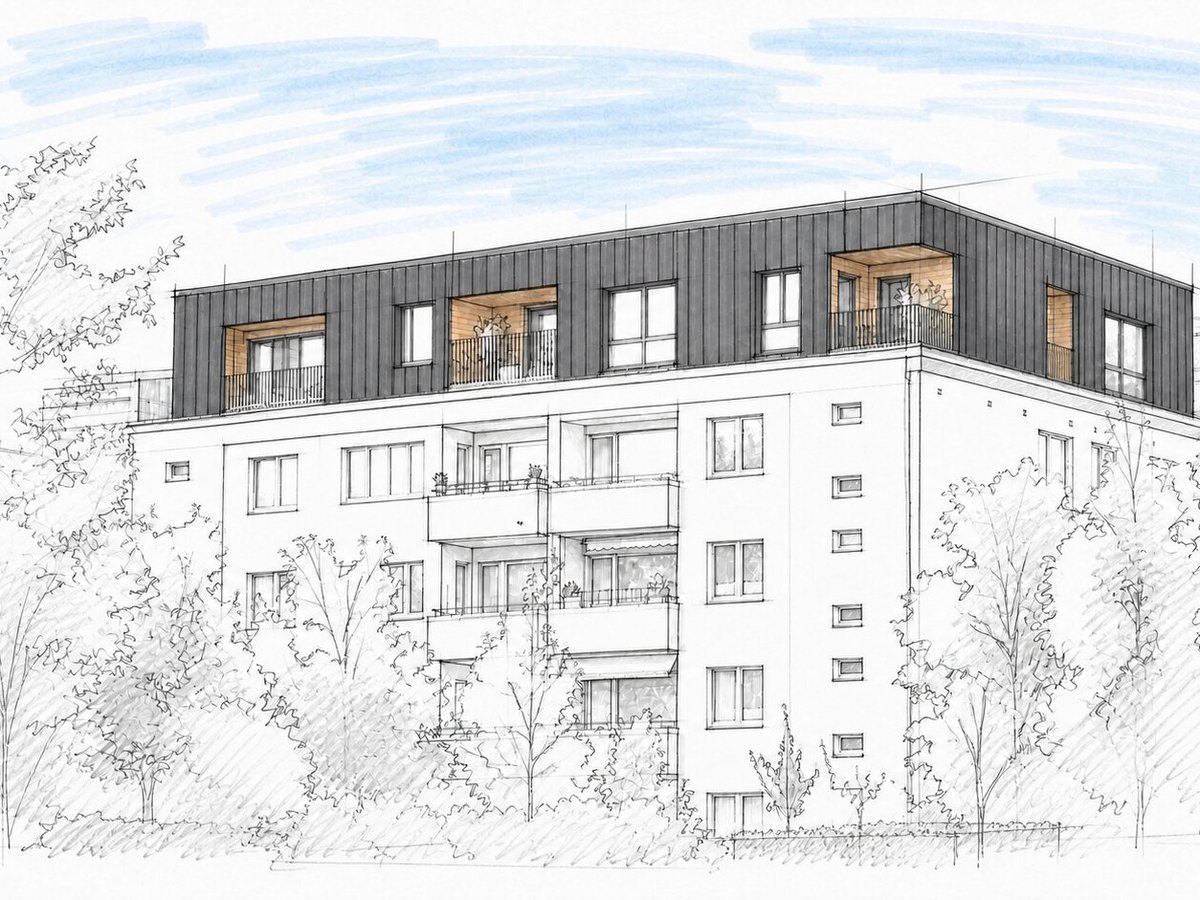 Zeichnung einer Aufstockung mit dunkler Metallfassade auf einem Nachkriegsbau