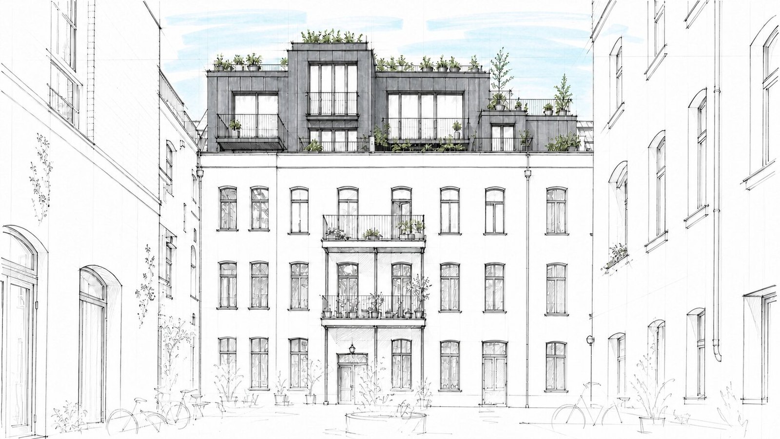 Zeichnung einer begrünten Aufstockung über einem Hofgebäude mit Dachterrassen